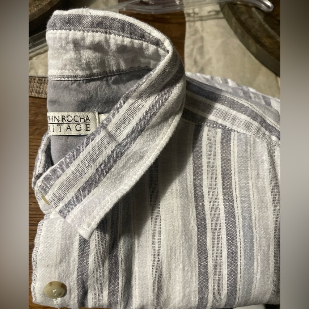 RJR John Rocha Heritage gray stripped linen cotton shirt short sleeve men’s SZ M